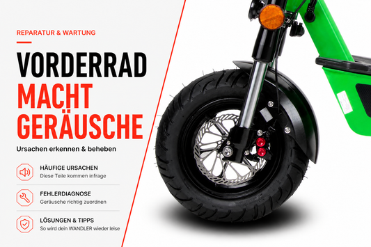 Vorderrad eines WANDLER Elektrorollers mit Hinweis auf Geräusche, Radmutter, Bremsbeläge und Kugellager