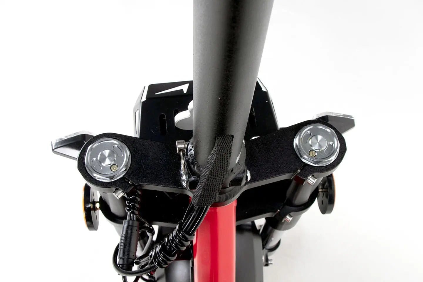 Escooter Wandler K/E - 45km/h - mit Sitz & Straßenzulassung - leuchtrot - Detailansicht Upside-down-Gabel von oben